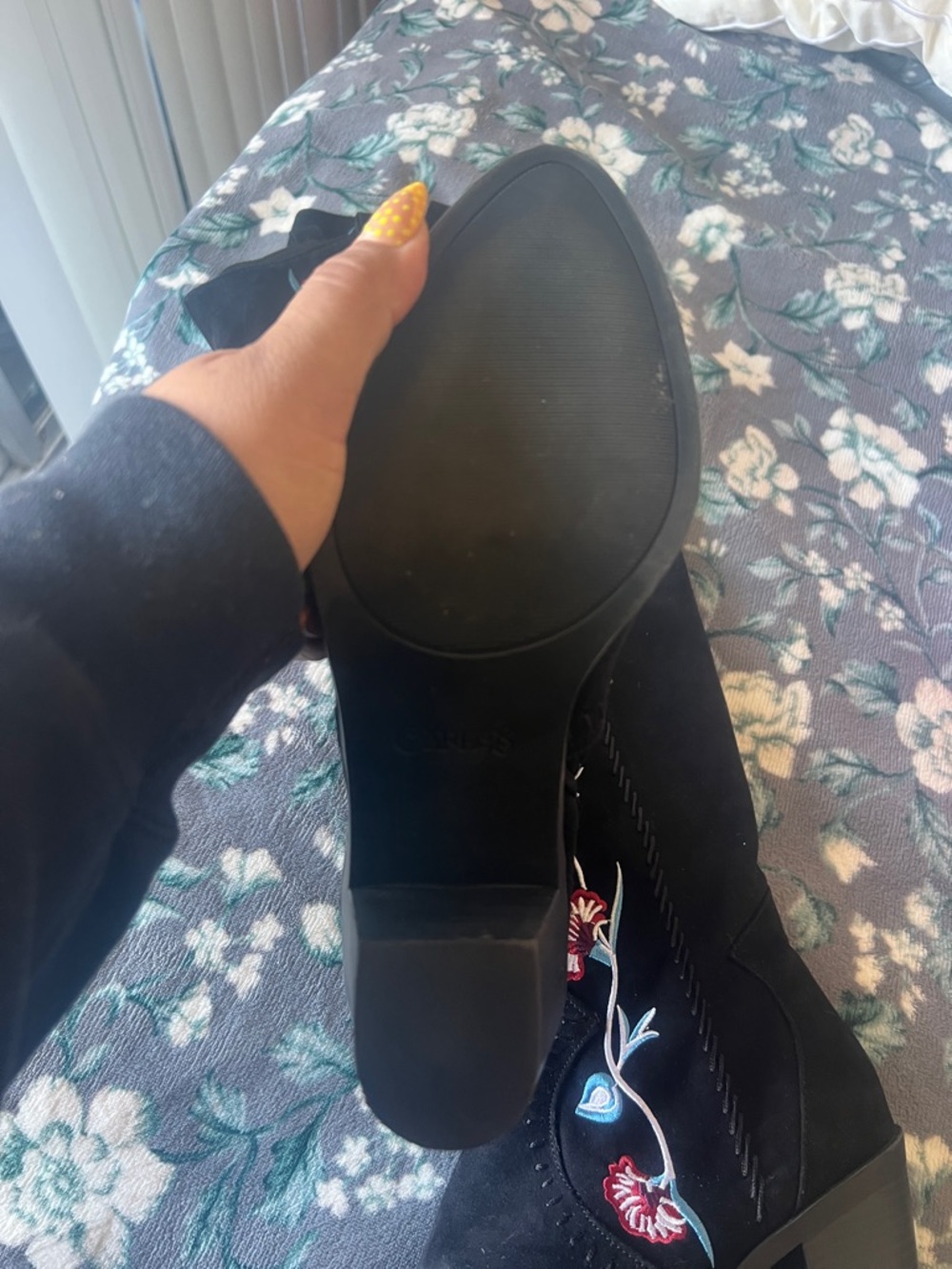 Black Embroidered Suede Knee-High Boots - Picture 3 of 3